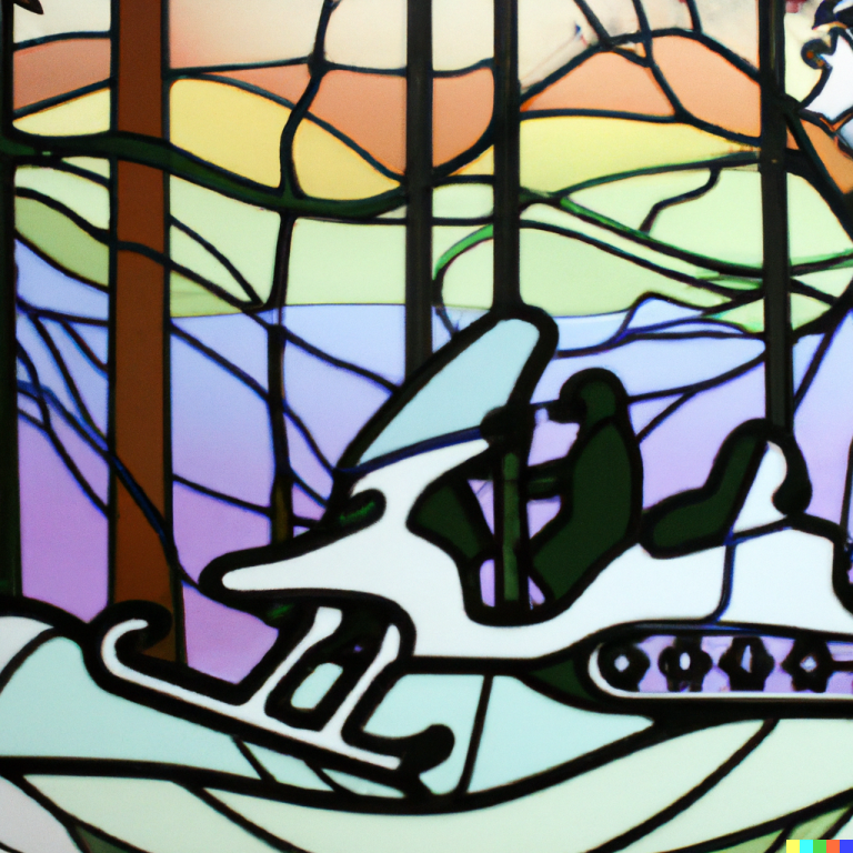 DALL·E 2022-08-04 17.29.25 - stain glassed window with a snowmobile and a forest scene.png