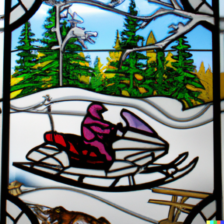 DALL·E 2022-08-04 17.29.45 - stain glassed window with a snowmobile and a forest scene.png