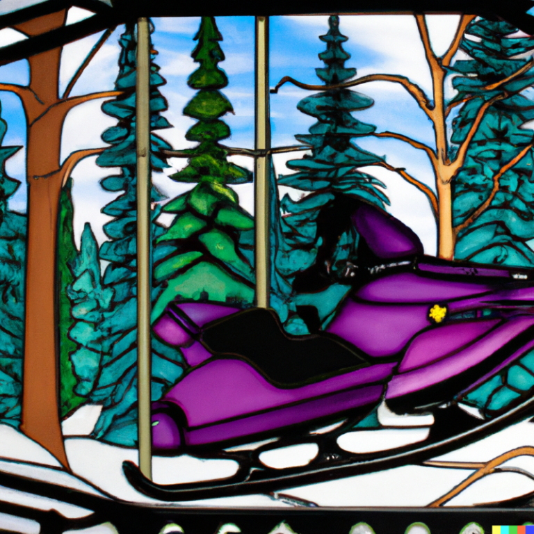 DALL·E 2022-08-04 17.32.02 - stain glassed window with a snowmobile and a forest scene 2.png