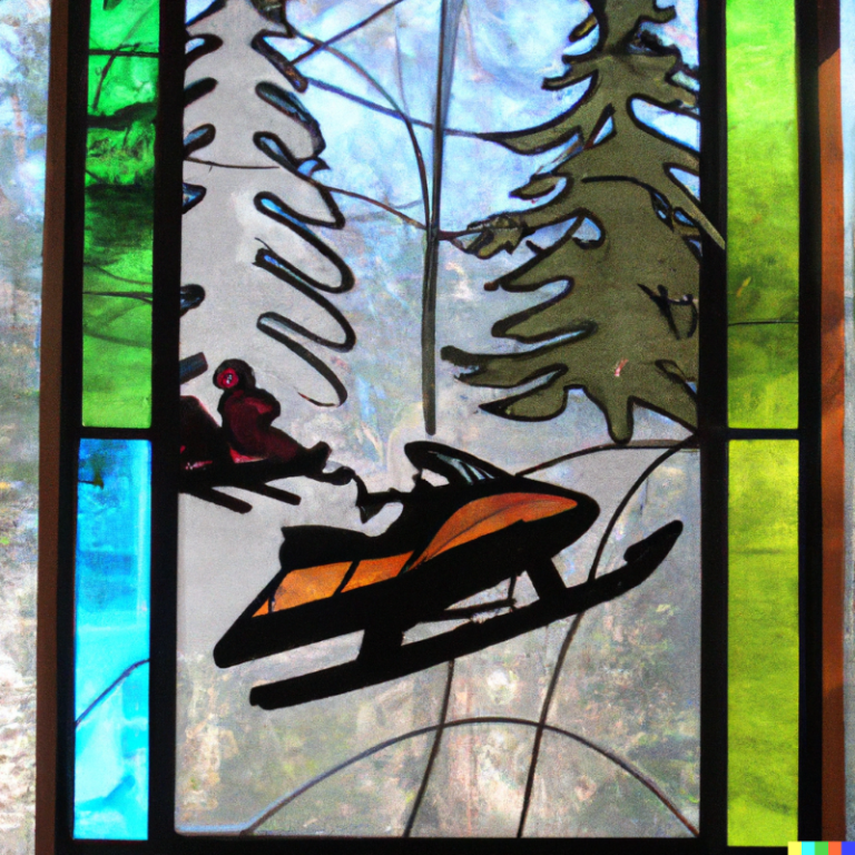 DALL·E 2022-08-04 17.36.45 - stain glassed window with a snowmobile and a forest scene 3.png
